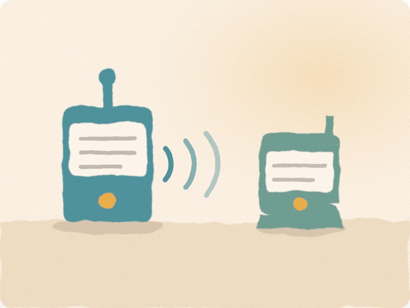 Deux boîtiers de babyphone posés face à face, reliés par une onde, et rien d'autre entre eux