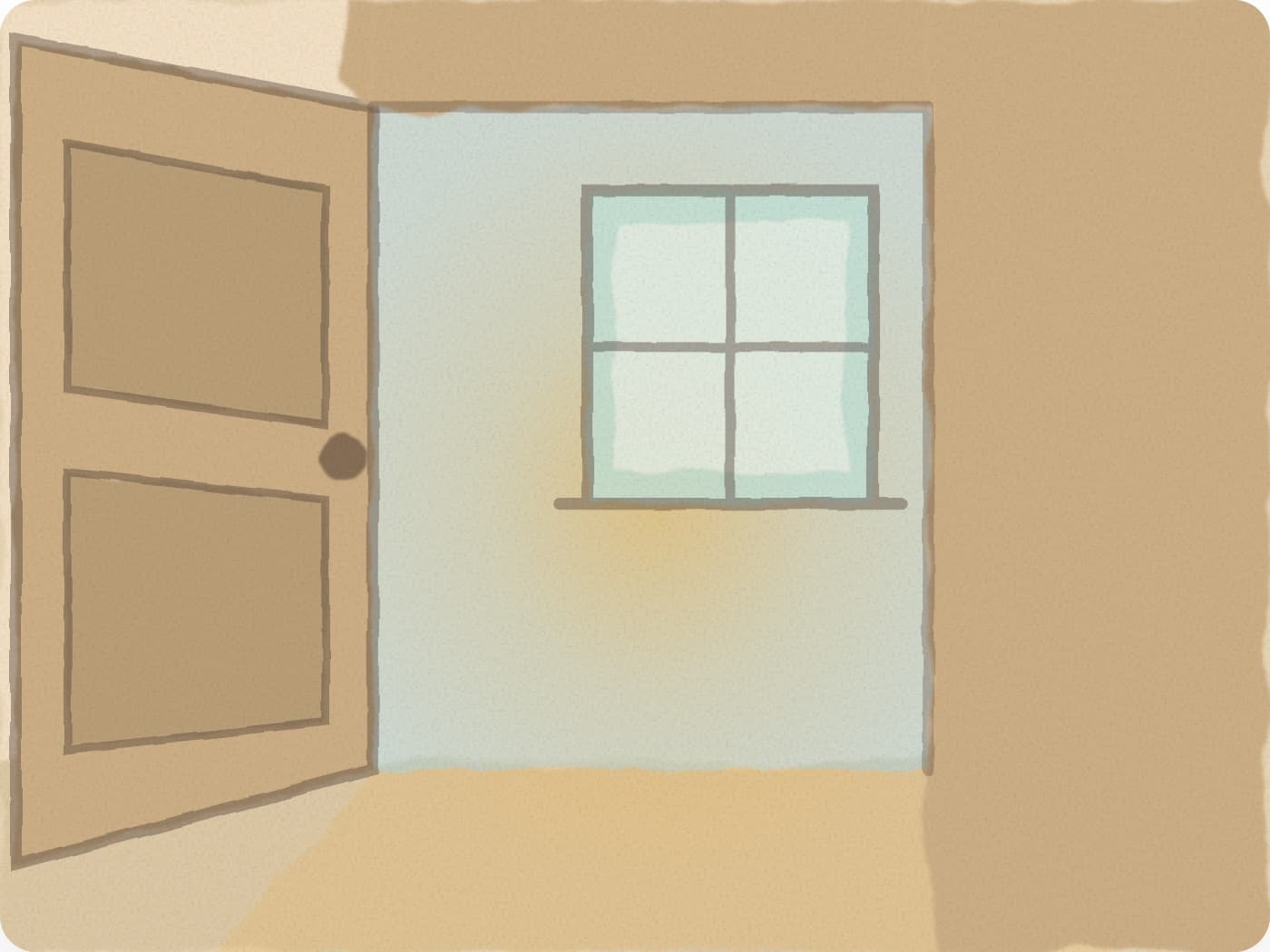 La porte d'une chambre restée ouverte sur une pièce éclairée par sa fenêtre