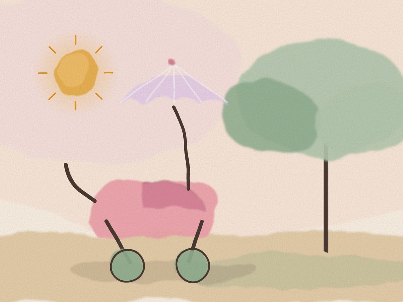 Poussette avec ombrelle parasol à l'ombre d'un arbre, sans tissu posé sur la capote