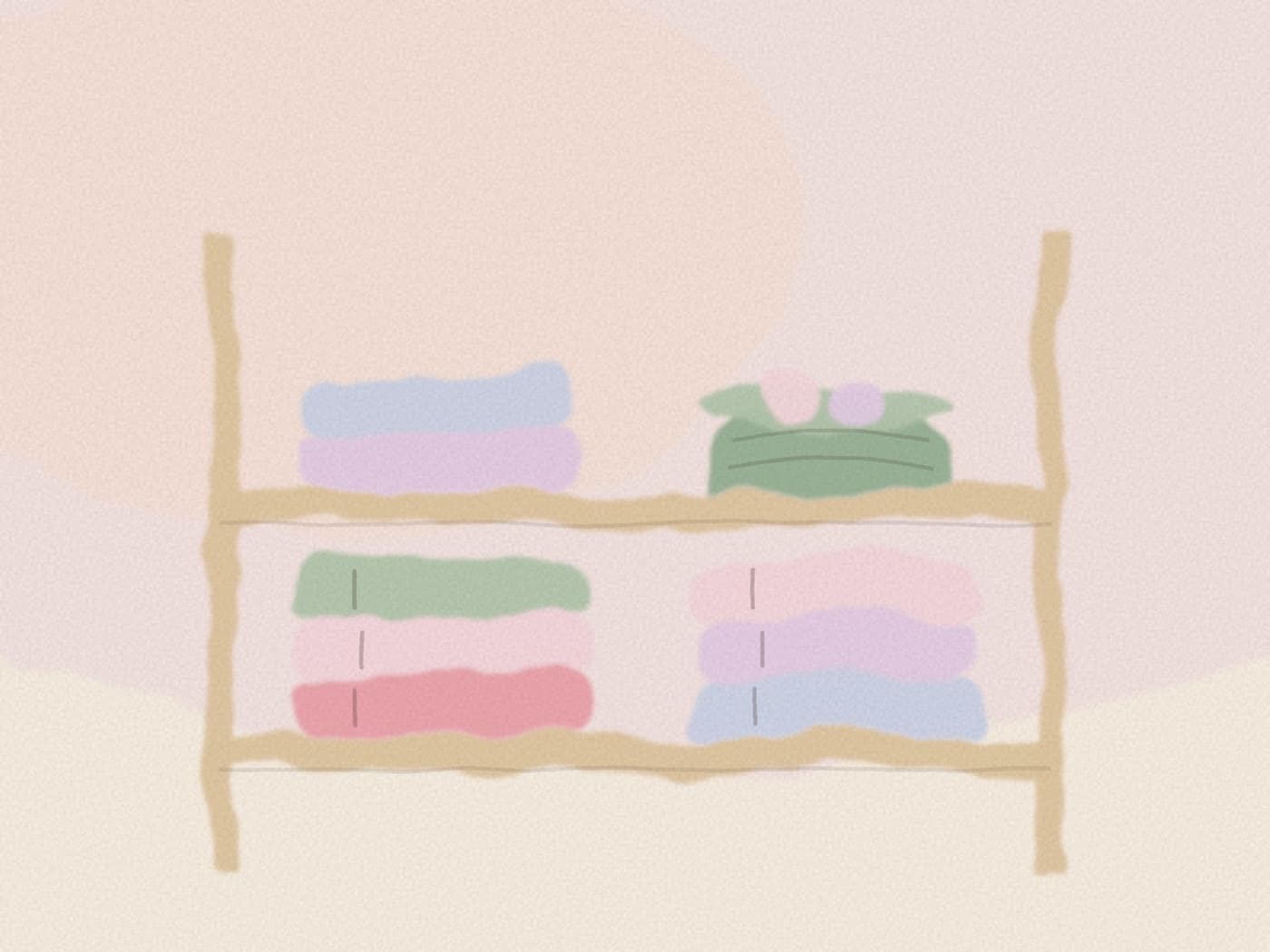 Pile ordonnée de 7 bodies et 7 pyjamas en coton, pliés sur une étagère minimaliste