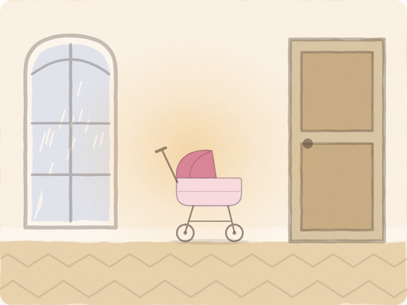 Une poussette restée à l'intérieur, entre une fenêtre où tombe la pluie et une porte fermée