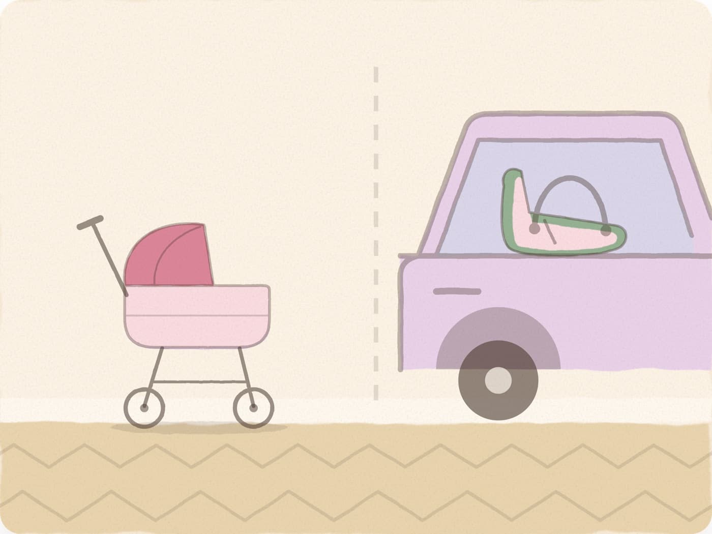 Une poussette et, de l'autre côté d'un trait en pointillés, une coque installée dans une voiture