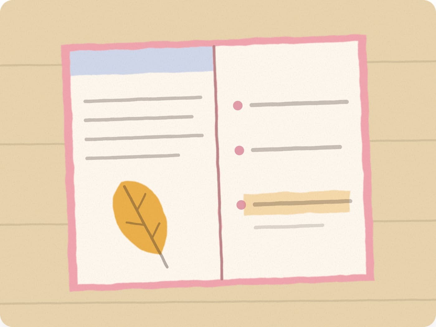 Un carnet ouvert, une feuille d'automne sur la page de gauche et, sur celle de droite, trois puces dont la dernière est surlignée