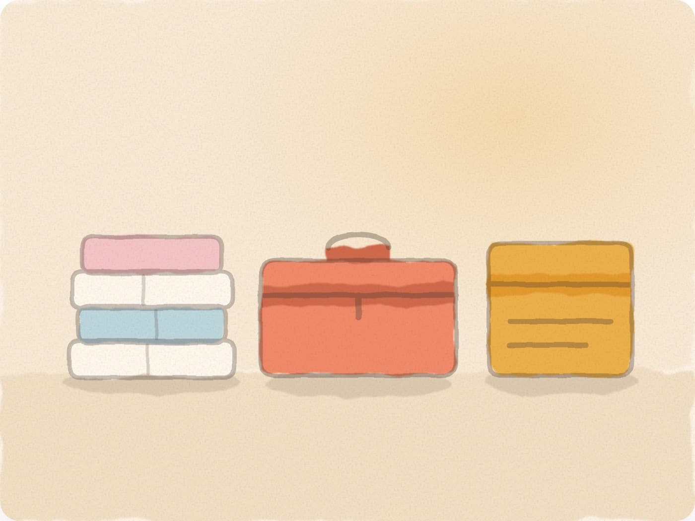 Une pile de vêtements pliés, une valise rouge et une pochette jaune pour les papiers