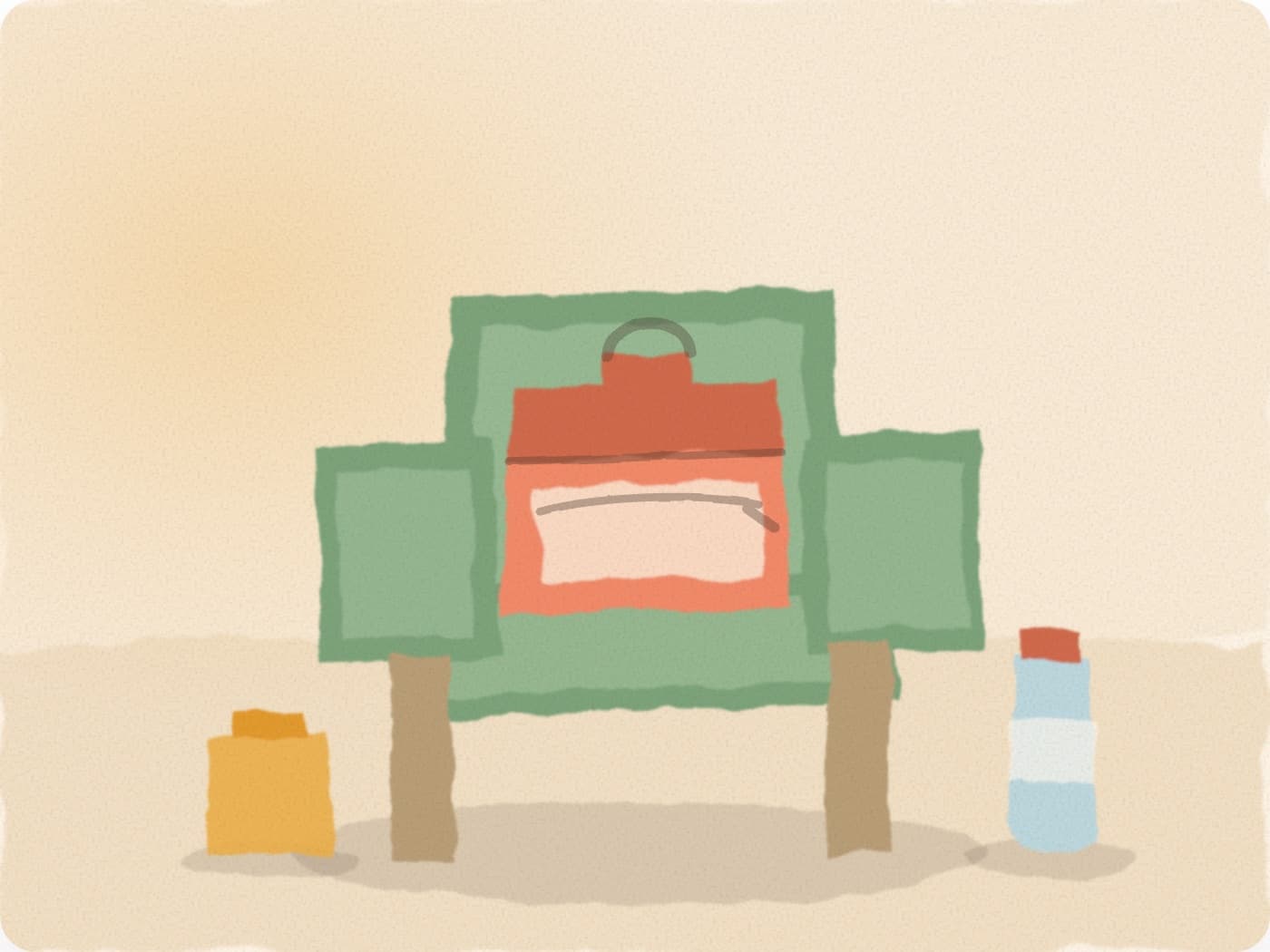 Un petit sac rouge posé sur un fauteuil, une pochette et une gourde à côté