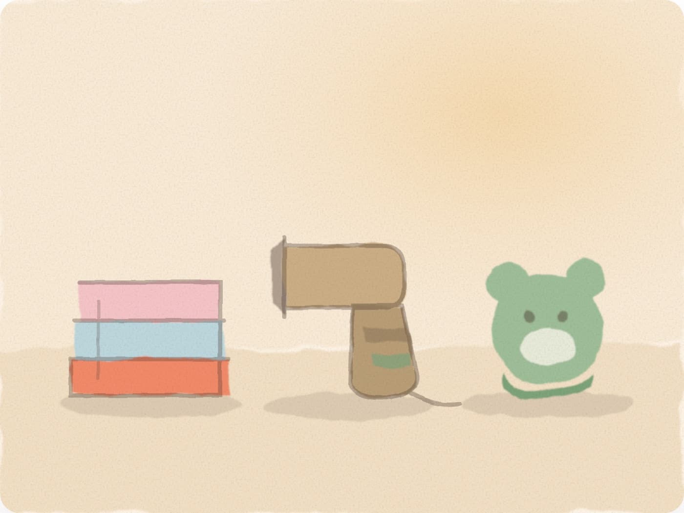 Une pile de livres, un sèche-cheveux et une peluche, restés dans le sac tout le séjour
