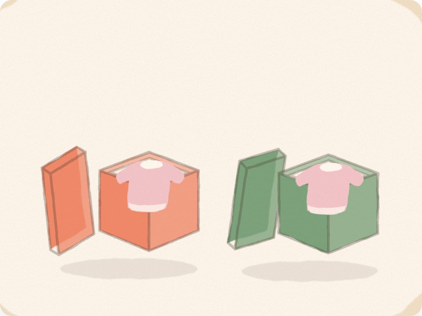 Deux boîtes ouvertes, l'une orange, l'autre verte, qui contiennent chacune le même petit haut rose