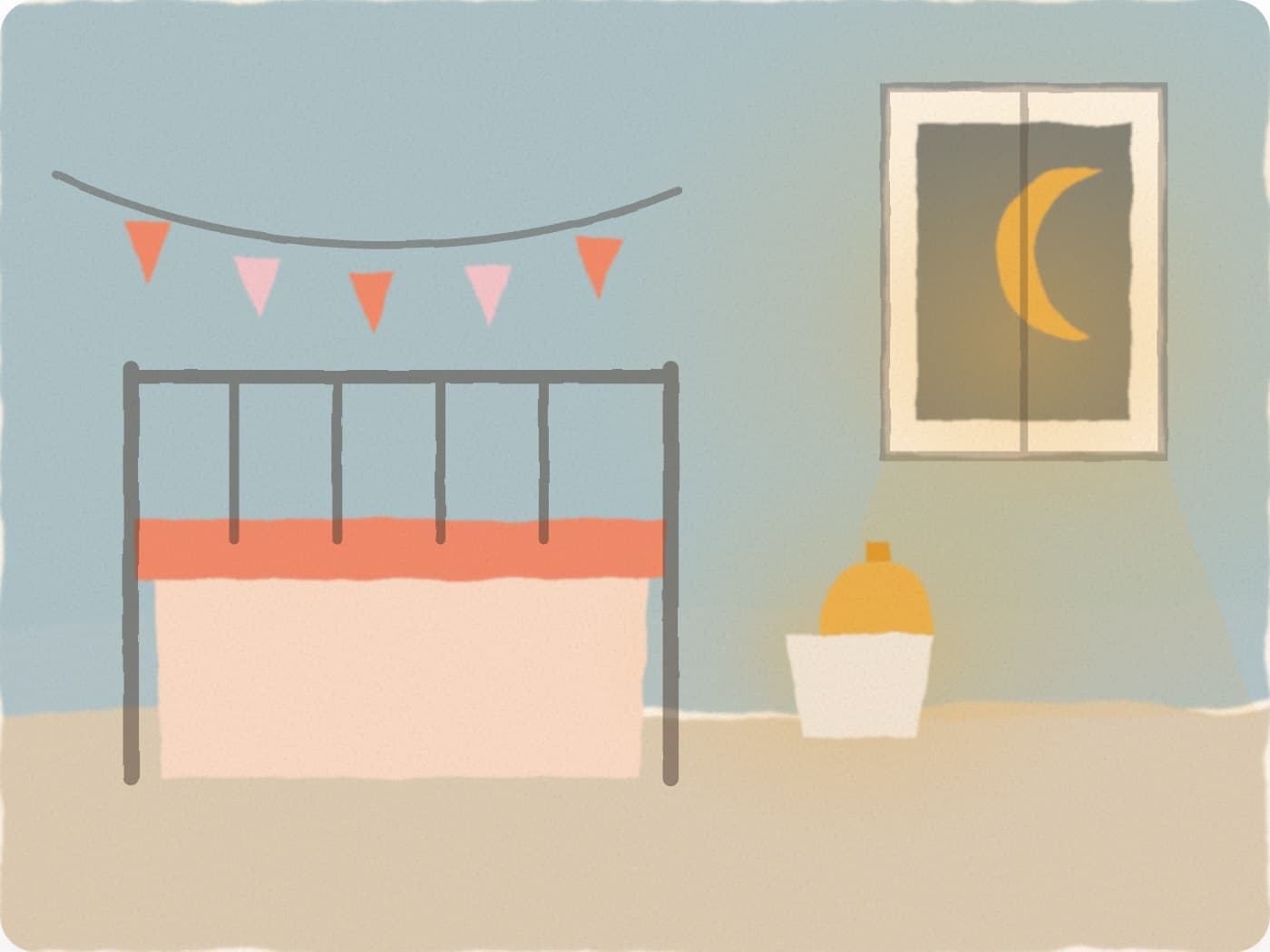 Une chambre de bébé la nuit : un lit à barreaux sous une guirlande de fanions, une lune dans la fenêtre et une veilleuse allumée