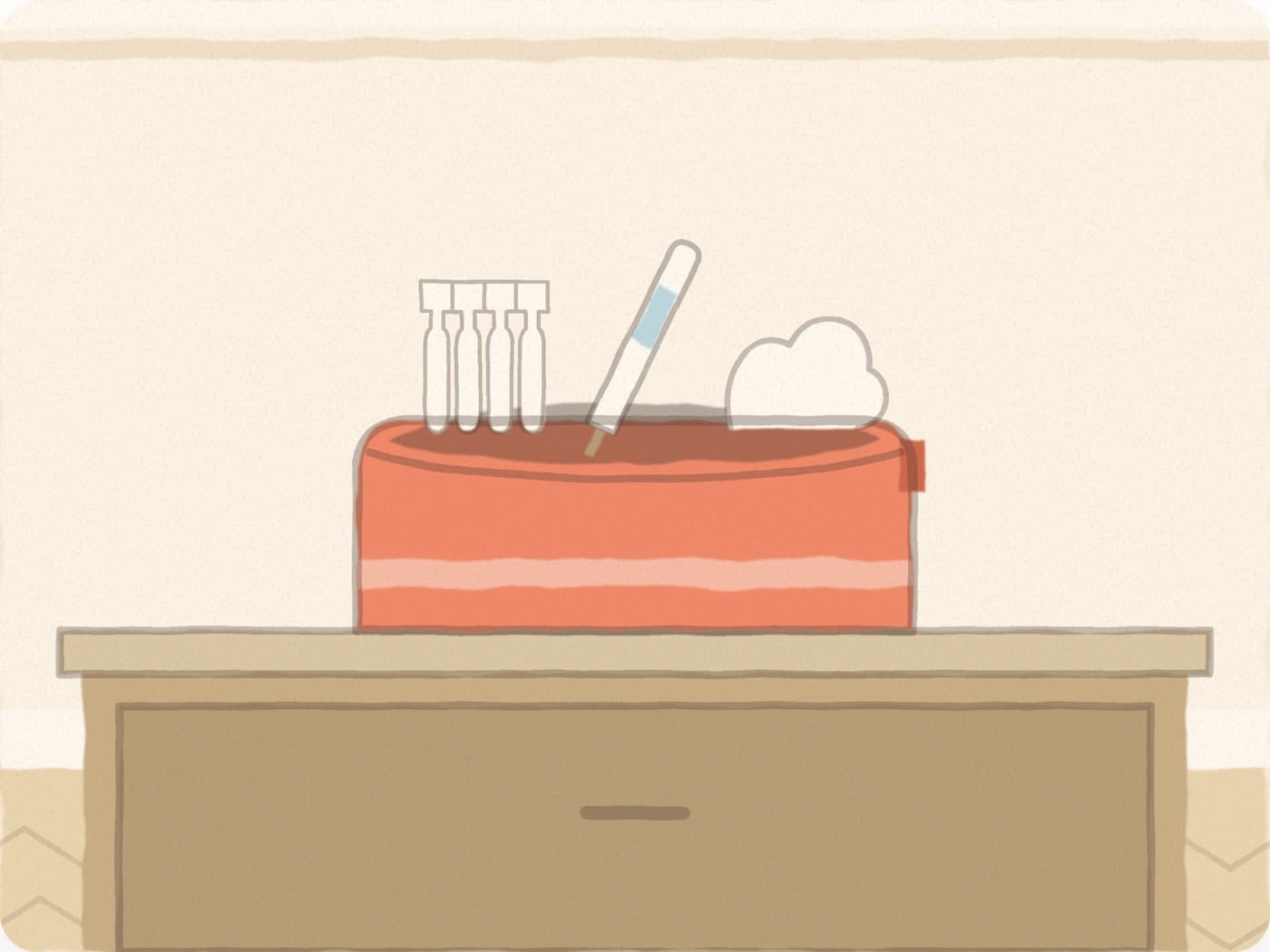 Une trousse posée sur une commode, d'où dépassent des dosettes, un thermomètre et des mouchoirs