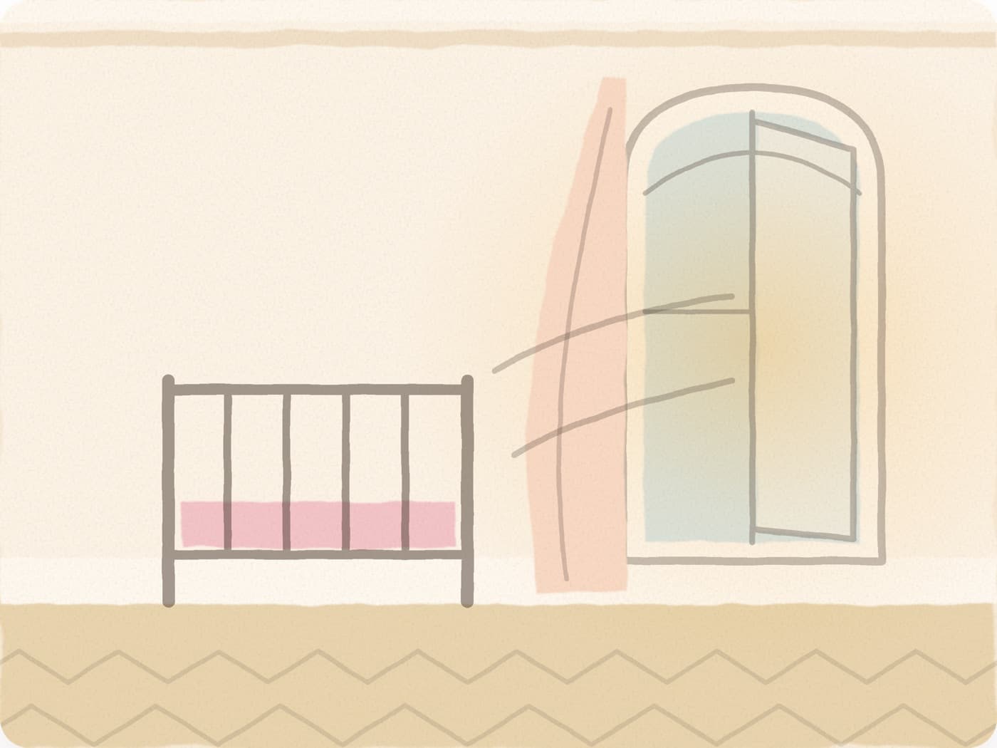 Un lit à barreaux vide au matelas plat, près d'une fenêtre ouverte où l'air entre