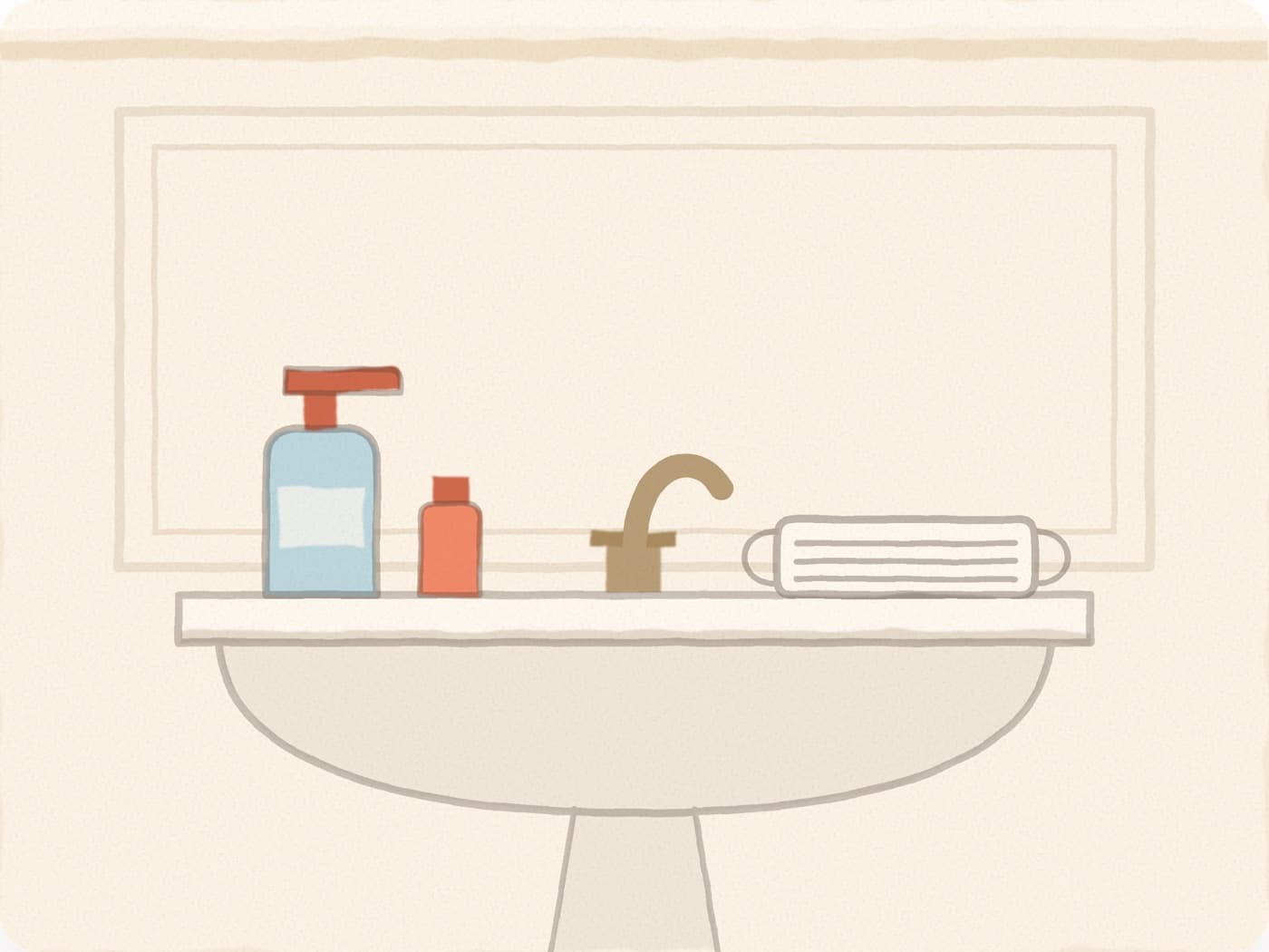 Un lavabo avec un flacon de savon liquide, un petit flacon de gel et un masque plié