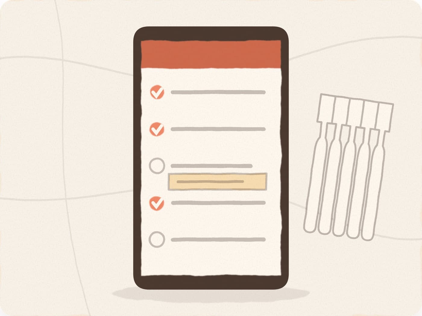 Un téléphone qui affiche une liste en partie cochée, avec une note surlignée sous un cadeau pas encore coché, à côté de dosettes