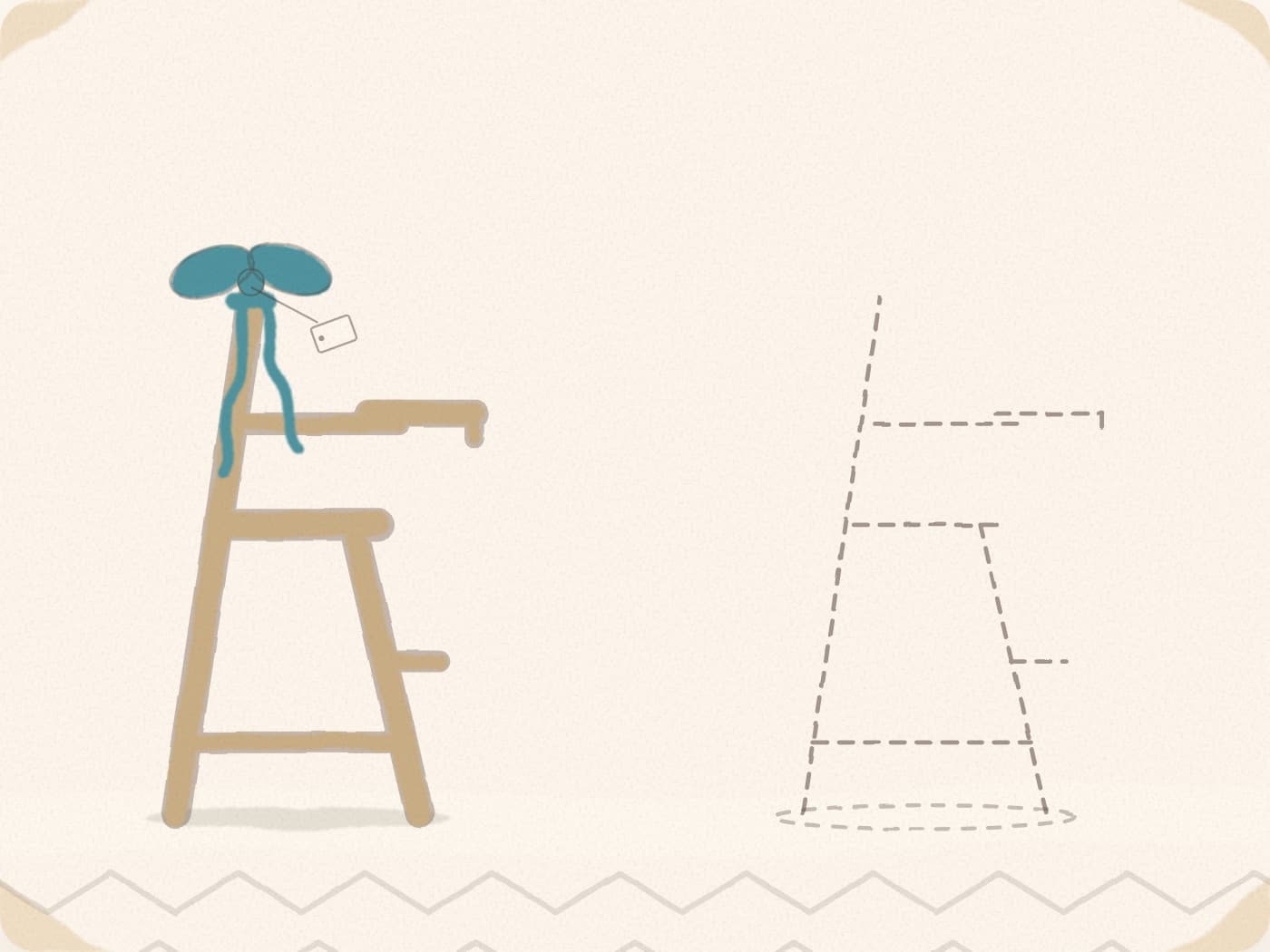 Une chaise haute ornée d'un nœud et d'une étiquette de cadeau et, plus loin, la même chaise dessinée en pointillés