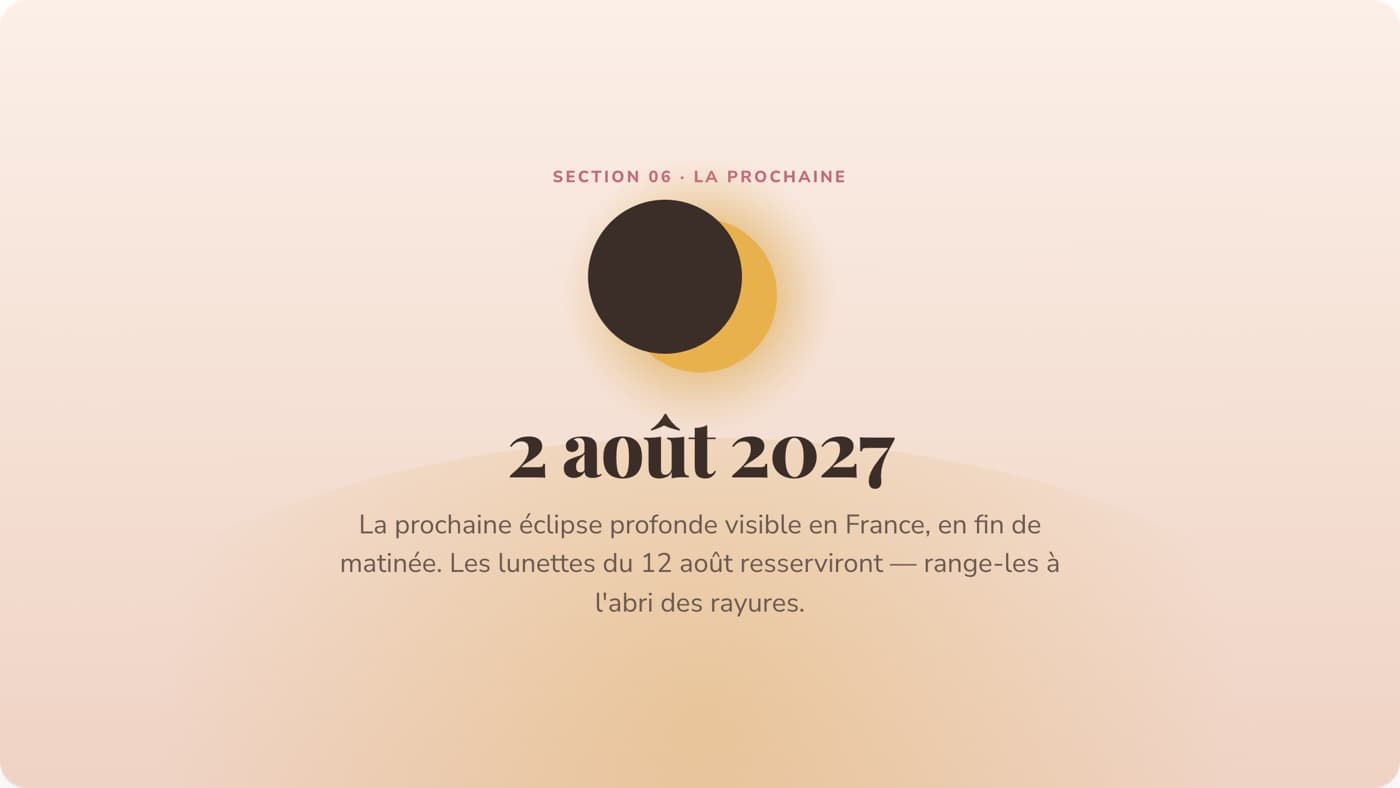 Croissant d'éclipse stylisé au-dessus de la date du 2 août 2027, la prochaine éclipse profonde visible en France