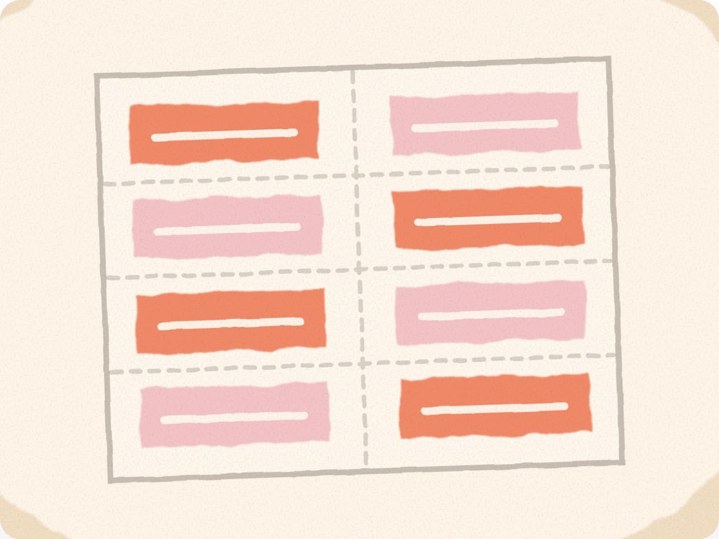 Une planche d'étiquettes prédécoupées, chacune avec une ligne blanche à remplir au nom de l'enfant