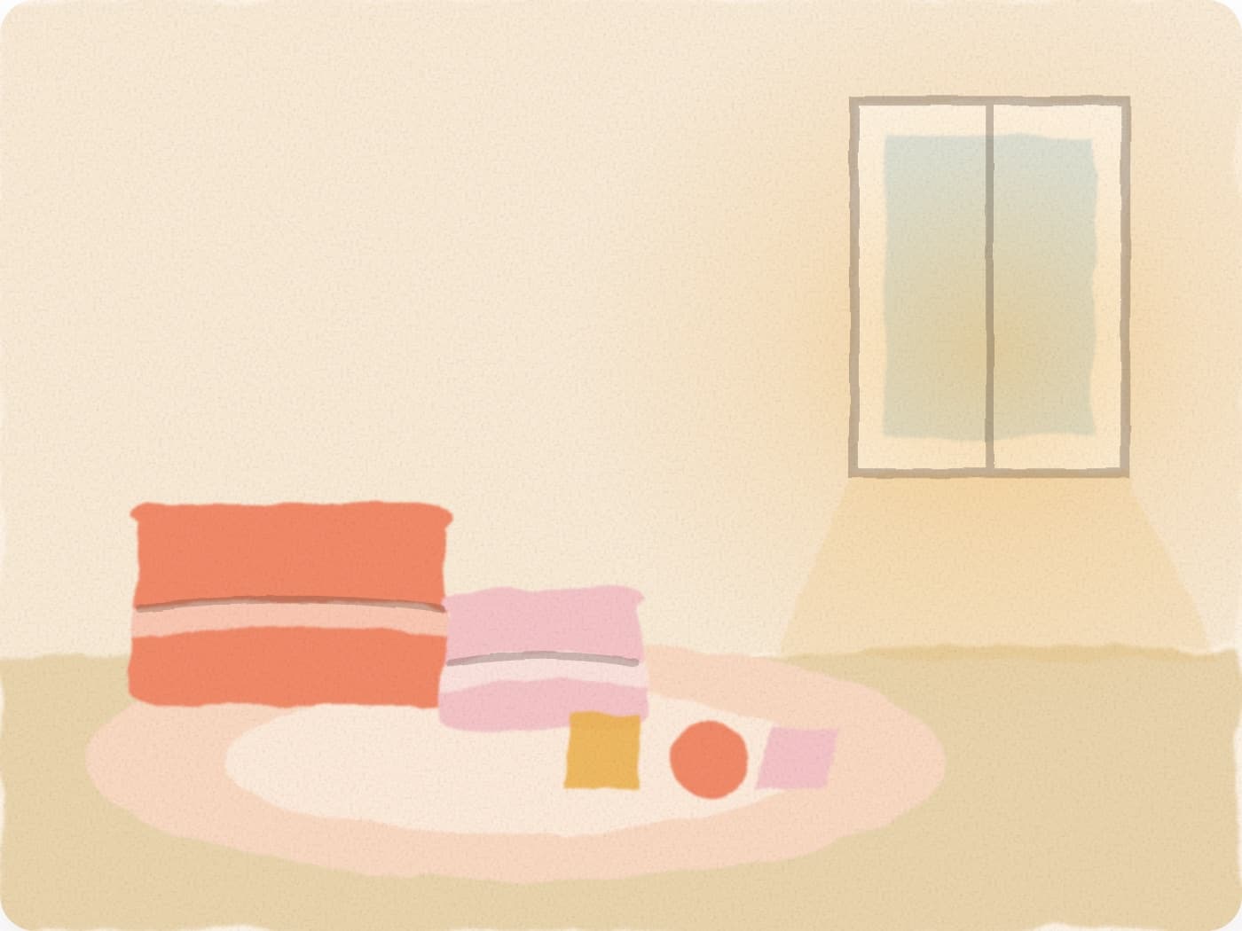 Une pièce de crèche au calme : deux tapis empilés, un tapis rond avec quelques jouets, et la lumière d'une fenêtre
