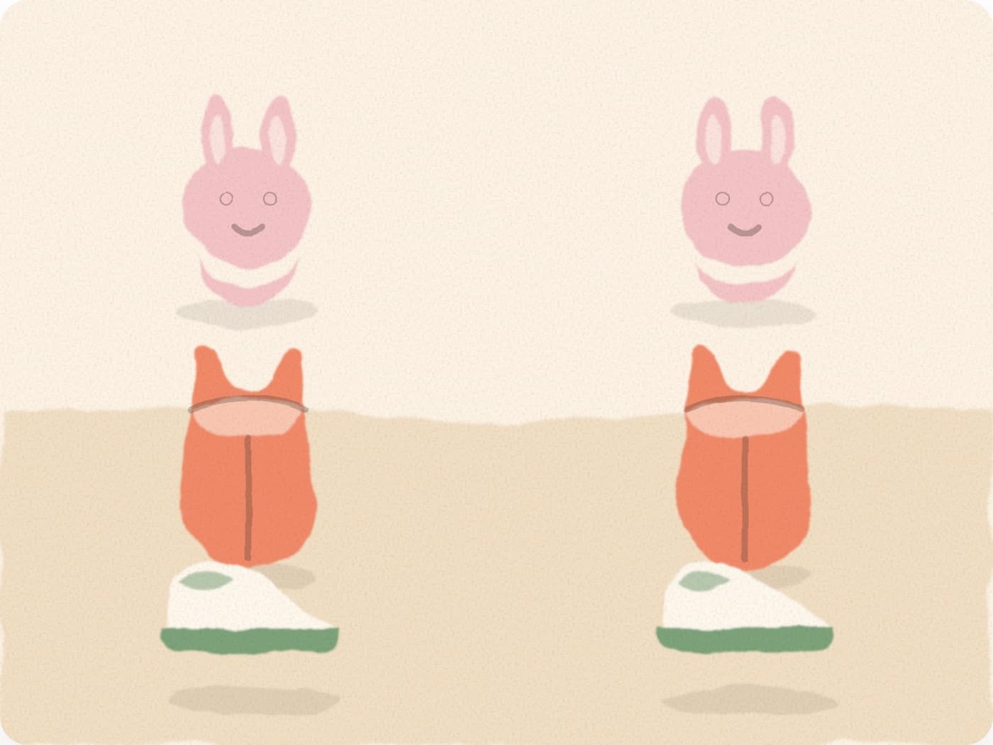 Deux jeux identiques côte à côte — doudou lapin, gigoteuse et chausson — chaque affaire en double