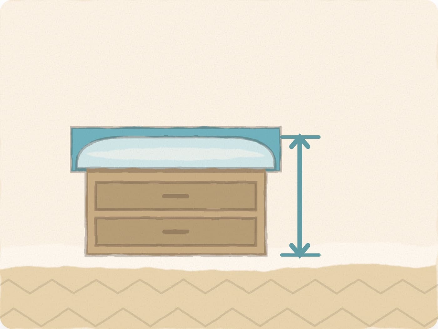 Un matelas à langer posé sur une commode, et une flèche verticale qui mesure la hauteur qui le sépare du sol