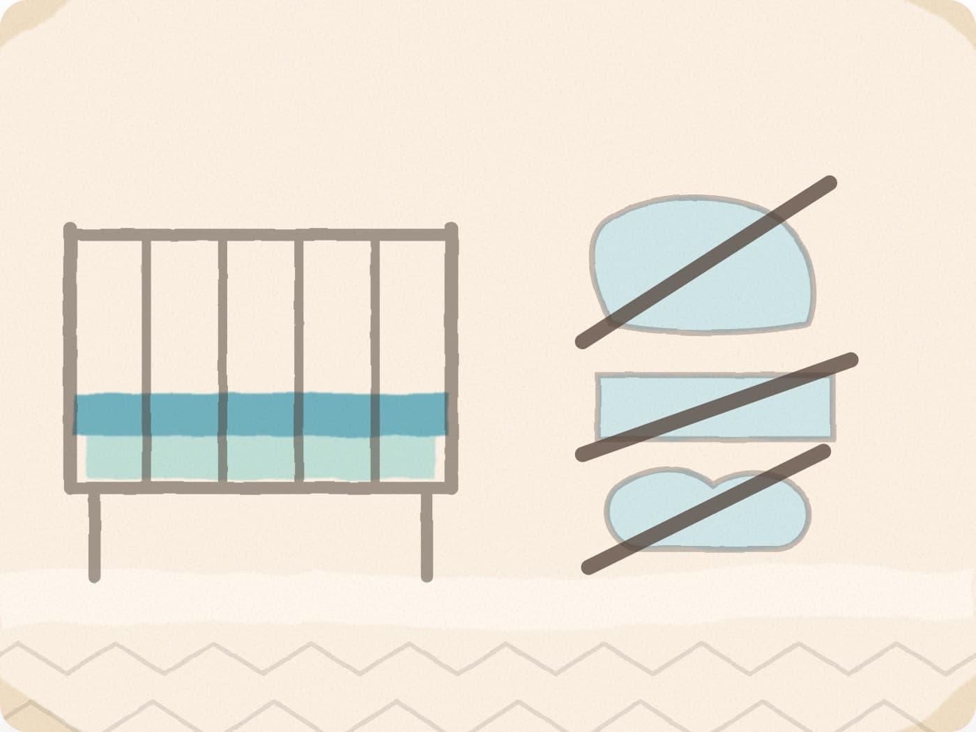 Un lit à barreaux avec son matelas ; à côté, un oreiller, un tour de lit et un cale-bébé, tous barrés d'un trait