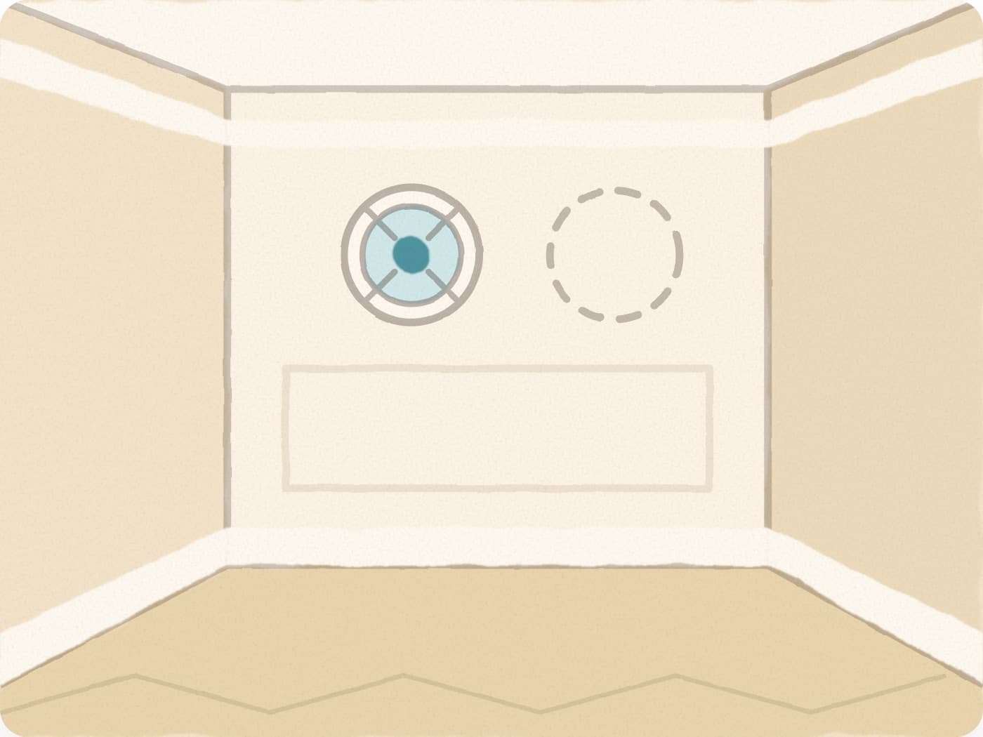 Une pièce vue en perspective : au mur, un détecteur rond installé et, à côté, un emplacement vide dessiné en pointillés ; plus bas, un large rectangle tracé au mur