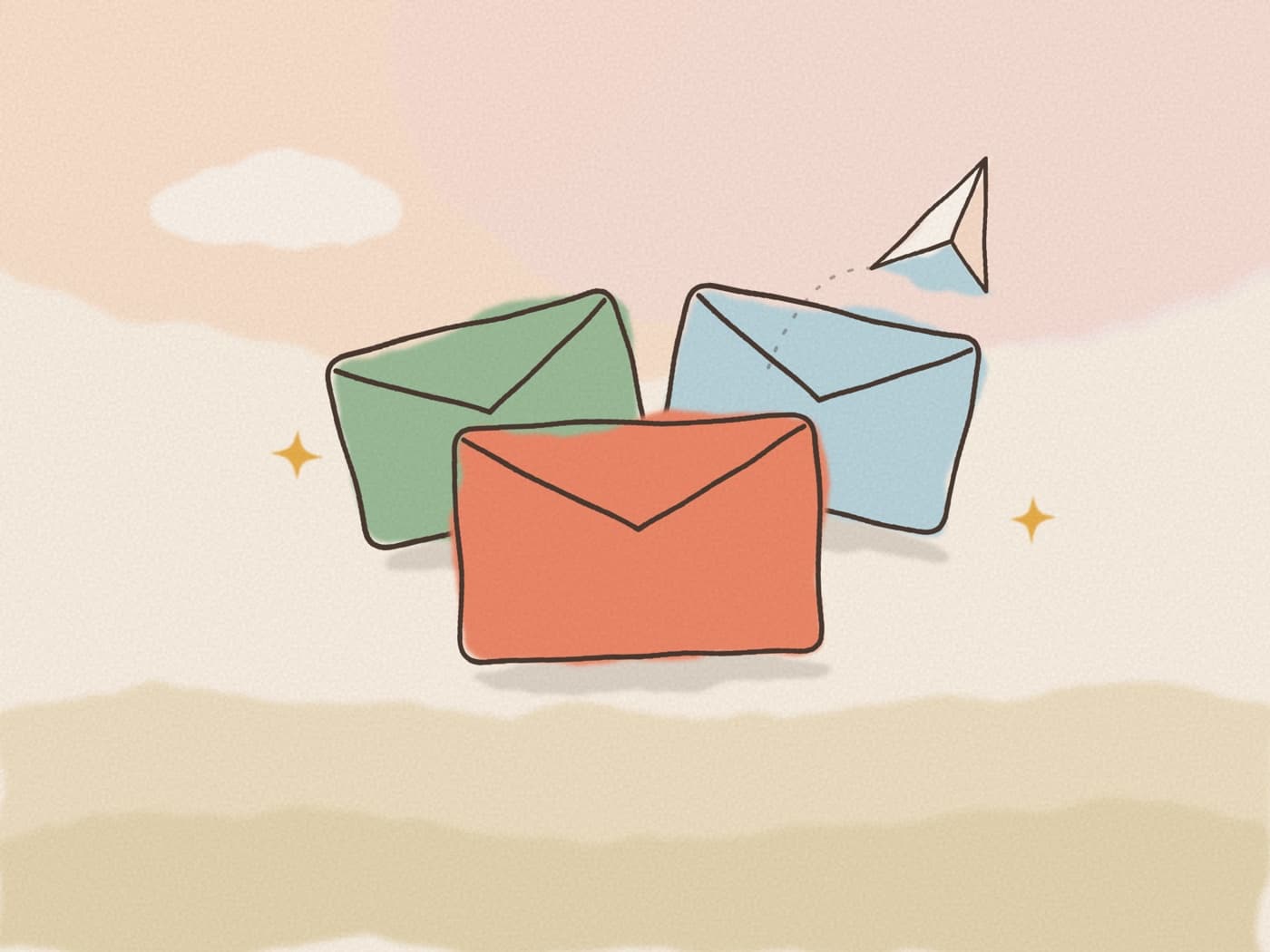 Enveloppes colorées qui s'envolent, illustrant les différents canaux et degrés de proximité pour partager sa liste