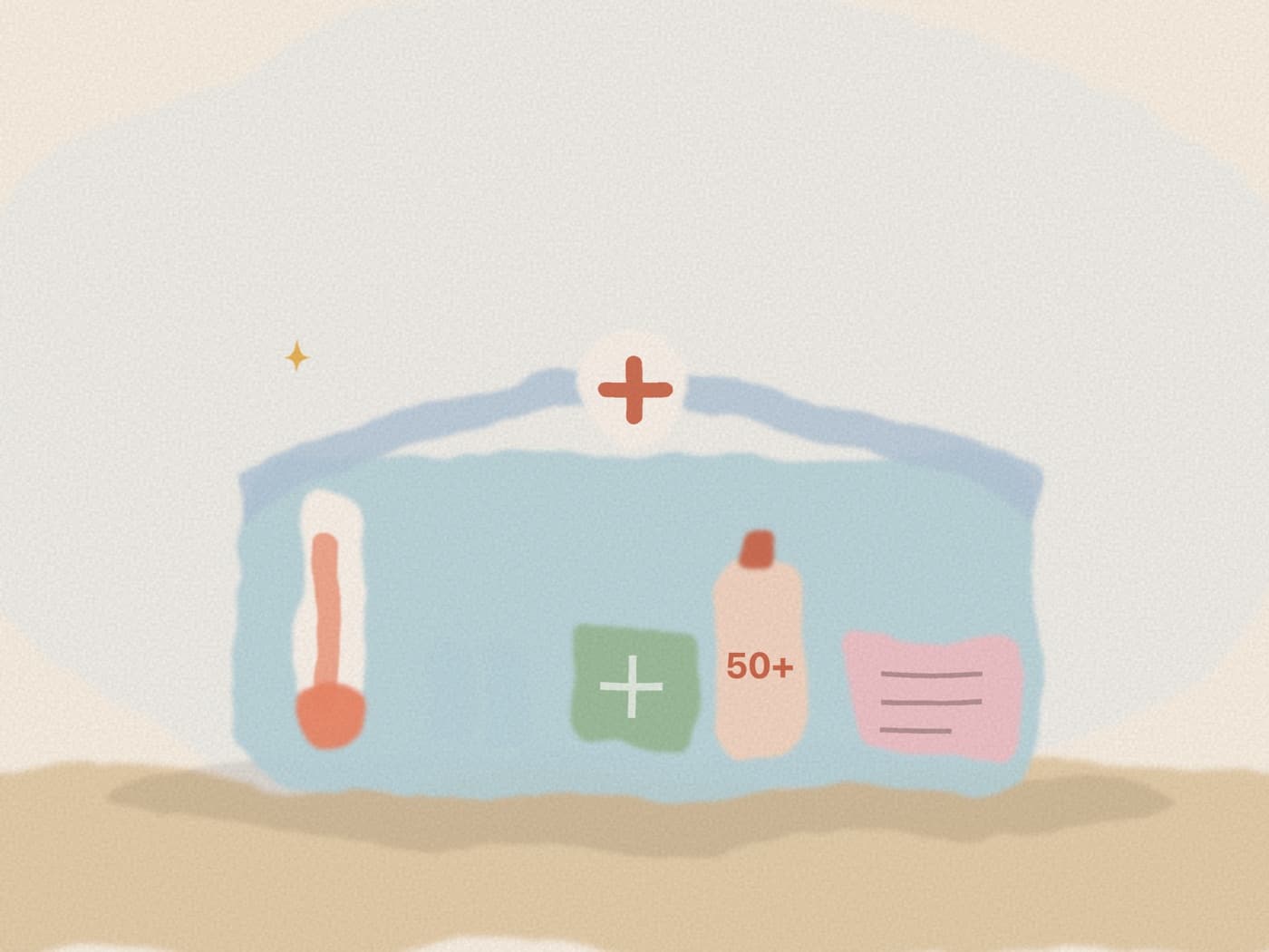 Trousse de santé ouverte avec thermomètre, sérum physiologique, crème solaire et pansements, posée sur une table de chevet